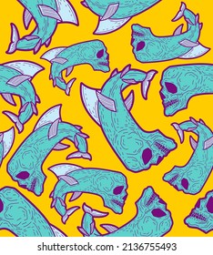 fish skeleton pattern seamless. Terrible variety of fish background. Fish skull texture