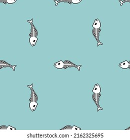 Fish skeleton pixel art pattern seamless. 8 bit Fish skull background. pixelated Vector texture
