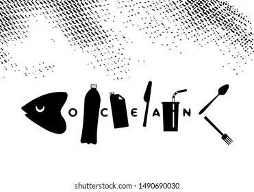 Fish skeleton as plastic trash. Ribs like a bottles, disposable glass, drinking straw, plastic spoon, fork, knife. The problem of microplastics in marine life. Keep the sea concept. Ocean pollution