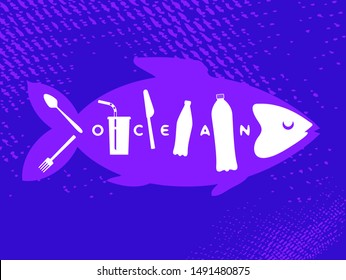 Fish skeleton as plastic trash. Ribs like a bottles, disposable glass, drinking straw, plastic spoon, fork, knife. The problem of microplastics in marine life. Keep the sea concept. Ocean pollution