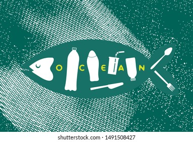Fish skeleton as plastic trash. Ribs like a bottles, disposable glass, drinking straw, plastic spoon, fork, knife. The problem of microplastics in marine life. Keep the sea concept. Ocean pollution