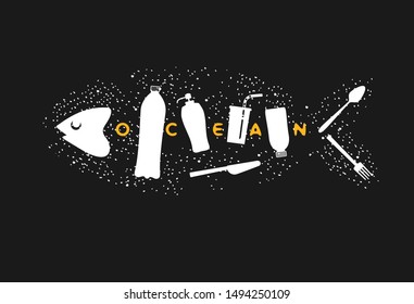 Fish skeleton as plastic trash. Ribs like a bottles, disposable glass, drinking straw, plastic spoon, fork, knife. The problem of microplastics in marine life. Keep the sea concept. Ocean pollution