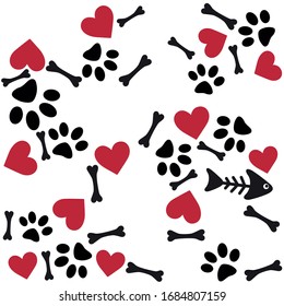 Fish skeleton, Red Heart, Dog Paw, simple vector background