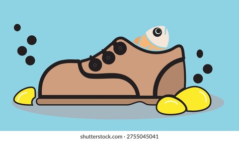 Fish skeleton resting inside lost shoe on seabed with bubbles and stones illustrating water pollution problem