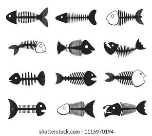Fish skeleton set. Black and white bones, basic structure of a fish, framework of bones. Vector flat style cartoon illustration isolated on white background