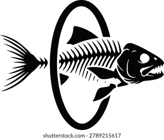 Fish Skeleton Silhouette Passing Through a Circular Portal Vector Illustration