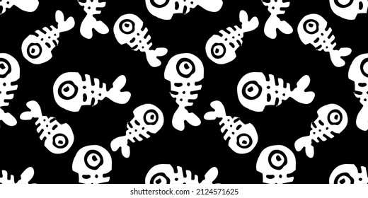 a fish skeleton silhouette pattern. seamless horizontal drawing of a small fish in a doodle style with a bonus, side view, isolated white outline on black for, children's style isolated horizontal fis