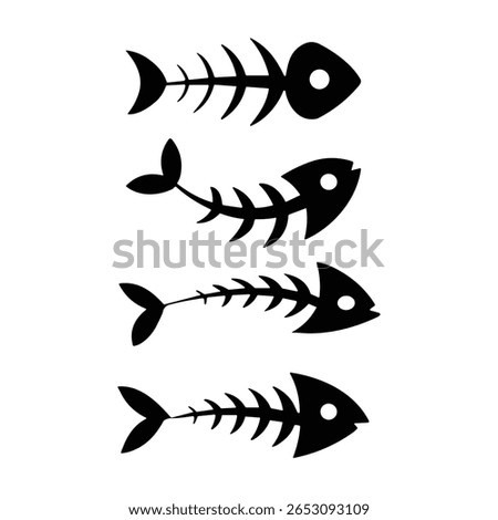 Fish Skeleton Silhouette Vector Icon Set. Black Fishbone Vector Illustrations.
