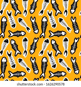 fish skeleton stickers pattern. yellow background. cartoon seamless pattern. concept of magic, mysticism and voodoo. for fabric, cards, prints, wallpapers