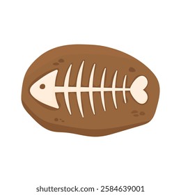 Fish skeleton in stone in cartoon style on a white isolated background. The result of archaeological excavations. Fish remains from the prehistoric era