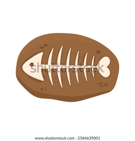 Fish skeleton in stone in cartoon style on a white isolated background. The result of archaeological excavations. Fish remains from the prehistoric era