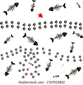 Fish skeletons and cat footprints. Vector illustration. Pattern