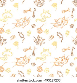 fish skeletons and cats seamless pattern. Endless paws - vector.