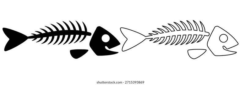 Esqueletos de peces enfrentados en blanco y negro, diseño de Ilustración vectorial de esqueleto de hueso de pescado, ícono de hueso de pescado. Estilo sólido simple. Esqueleto de espina de deseos, cráneo de pez, cabeza y cola,