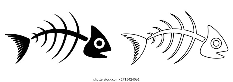 Fish skeletons facing each other in black and white,fish skeleton bone icon vector illustration design,Fish bone icon. Simple solid style. Wishbone skeleton, fish skull, head and tail,