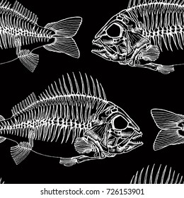 Fish skeletons hand drawn seamless pattern. Vector wallpaper for your design or print.