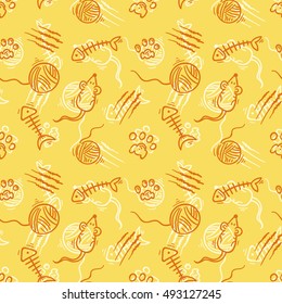 Fish skeletons and mouses seamless pattern. Endless paws - vector.