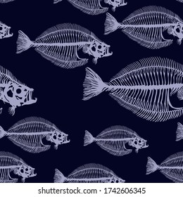 Fish skeletons on blue vector seamless pattern for decoration, packaging, textile.