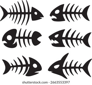 Fish Skeletons Set Vector Black Silhouette Marine Bones Illustration