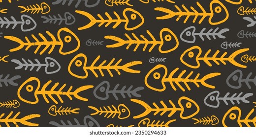Fish skeletons. Texture line art. Vector seamless pattern.