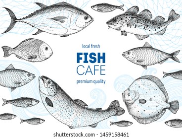 Fish sketch collection. Hand drawn vector illustration. Seafood frame vector illustration. Food menu illustration. Hand drawn tuna, salmon, flounder, cod fish, herring. Engraved style.