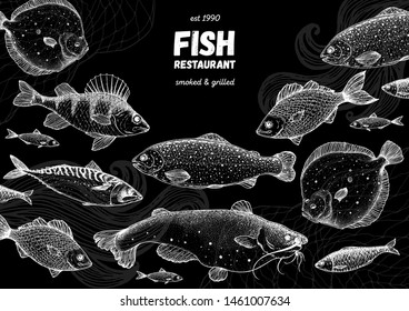 Fish sketch collection. Hand drawn vector illustration. Seafood frame vector illustration. Food menu illustration. Hand drawn flounder, mackerel, perch, catfish, bream. Sea and river fish.
