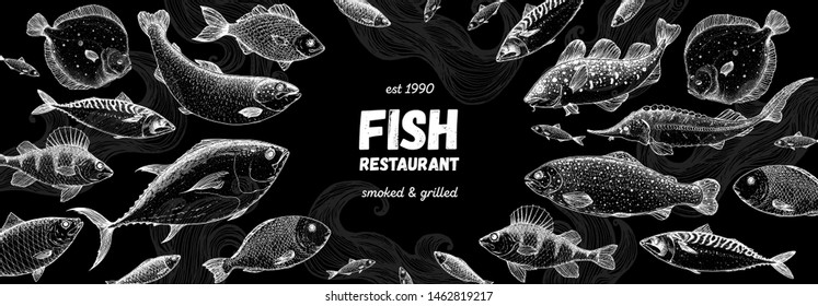 Fish sketch collection. Hand drawn vector illustration. Seafood frame. Food menu illustration. Hand drawn tuna, flounder, cod fish, herring, rainbow trout, mackerel, salmon, perch. Engraved style