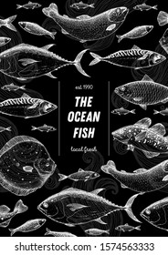 Fish sketch collection. Hand drawn vector illustration. Seafood frame vector illustration. Food menu illustration. Hand drawn tuna, salmon, flounder, cod fish, herring, mackerel. Engraved style.