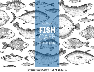 Fish sketch collection. Hand drawn vector illustration great for package or menu design. Seafood fish pattern. Leaflet, brochure, booklet design template. Black and white engraved style.