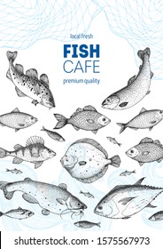 Fish sketch collection. Hand drawn vector illustration. Seafood frame vector illustration. Food menu illustration. Hand drawn flounder, perch, catfish, bream, cod, tuna, salmon. Sea and river fish.