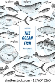Fish sketch collection. Hand drawn vector illustration. Seafood frame vector illustration. Food menu illustration. Hand drawn tuna, salmon, flounder, cod fish, herring, mackerel. Engraved style.