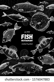 Fish sketch collection. Hand drawn vector illustration. Seafood frame vector illustration. Food menu illustration. Hand drawn flounder, mackerel, perch, catfish, bream. Sea and river fish.