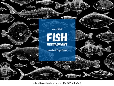 Fish sketch collection. Hand drawn vector illustration great for package or menu design. Seafood fish pattern. Leaflet, brochure, booklet design template. Black and white engraved style.