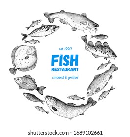 Fish sketch collection. Hand drawn vector illustration. School of fish vector illustration. Food menu illustration. Hand drawn fish set. Engraved style. Sea and river fish logo.