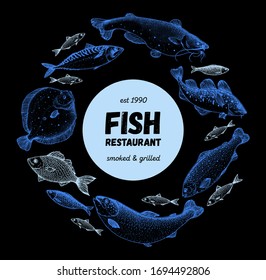 Fish sketch collection. Hand drawn vector illustration. School of fish vector illustration. Food menu illustration. Hand drawn fish set. Engraved style. Sea and river fish logo.