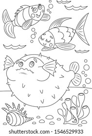 
Fish sketch. Exotic fish coloring book. Cute animal character for kids design. Black and white illustration perfect for coloring page. Sea world coloring page. 