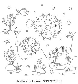 Esbozo de pescado. Libro de colorido de pescado exótico. Carácter animal lindo para el diseño de los niños. Ilustración en blanco y negro perfecta para colorear la página. Página de coloreo del mundo marino.