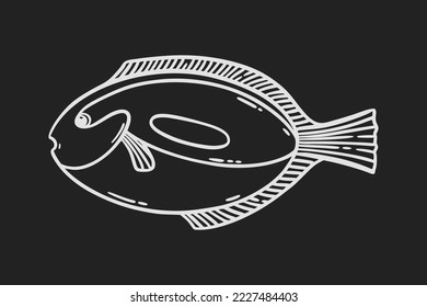 Fish sketch, hand drawn vector illustration. Restaurant sea food menu graphic engraved style. White isolated over black.