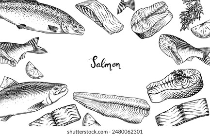 Fish sketch poster or banner. Salmon fillet, ink hand drawn vector illustration. Steaks slices. Fresh product. Engraved style vintage seafood. sea food restaurant menu, cooking recipe, product package