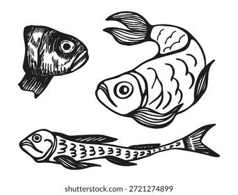 Conjunto de bocetos de peces aislados sobre fondo blanco