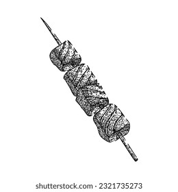 alimento con brochetas de pescado a mano. carne, kebab a la parrilla, menú de palos, cocina a la parrilla, delicioso boceto vectorial de pescado con brochetas de pescado. ilustración negra aislada