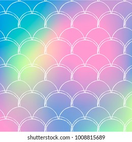 Fish skin on trendy gradient background. Square backdrop with fish skin ornament. Bright color transitions. Mermaid tail banner and invitation. Underwater and sea pattern. Rainbow colors.