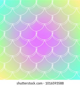 Fish skin on trendy gradient background. Square backdrop with fish skin ornament. Bright color transitions. Mermaid tail banner and invitation. Underwater and sea pattern. Rainbow colors.