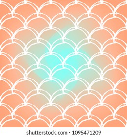 Fish skin on trendy gradient background. Square backdrop with fish skin ornament. Bright color transitions. Mermaid tail banner and invitation. Underwater and sea pattern. Warm peachy colors.