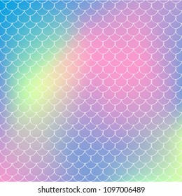 Fish skin on trendy gradient background. Square backdrop with fish skin ornament. Bright color transitions. Mermaid tail banner and invitation. Underwater and sea pattern. Rainbow colors.