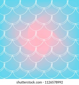 Fish skin on trendy gradient background. Square backdrop with fish skin ornament. Bright color transitions. Mermaid tail banner and invitation. Underwater and sea pattern. Blue, rose, pink colors.