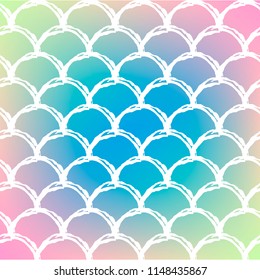 Fish skin on trendy gradient background. Square backdrop with fish skin ornament. Bright color transitions. Mermaid tail banner and invitation. Underwater and sea pattern. Rainbow colors.