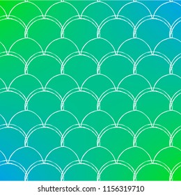 Fish skin on trendy gradient background. Square backdrop with fish skin ornament. Bright color transitions. Mermaid tail banner and invitation. Underwater and sea pattern. Green and blue colors.