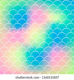 Fish skin on trendy gradient background. Square backdrop with fish skin ornament. Bright color transitions. Mermaid tail banner and invitation. Underwater and sea pattern. Rainbow colors.
