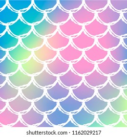 Fish skin on trendy gradient background. Square backdrop with fish skin ornament. Bright color transitions. Mermaid tail banner and invitation. Underwater and sea pattern. Rainbow colors.